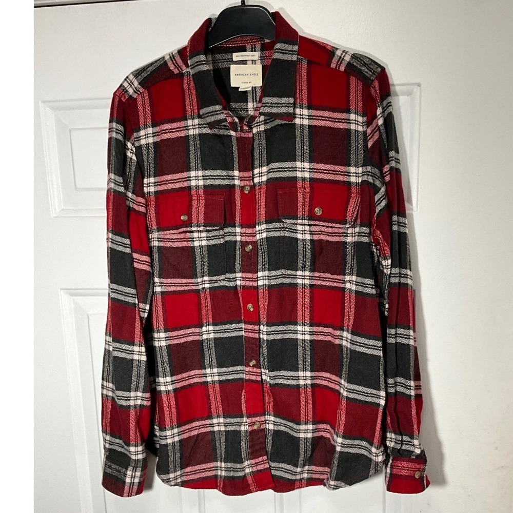 American Eagle Red Black Plaid Flannel Shirt Ahh-mazingly Soft Classic Fit Large